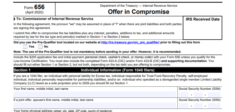 IRS Offer In Compromise form